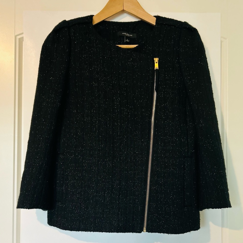 Ann Taylor Black Tweed Blazer with Gold Zipper